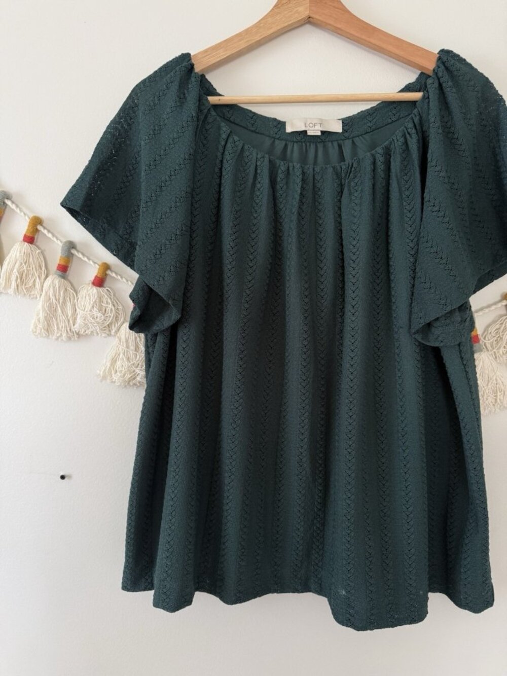 Loft Kelly Green Crochet Eyelet Flutter Sleeve Top Relaxed Cottage Feminine XXL - Picture 5 of 10